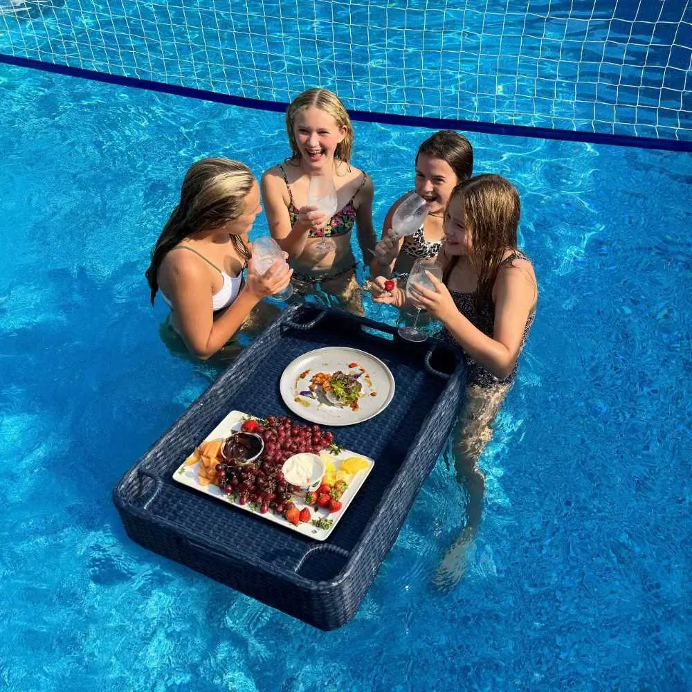 SUNJOY 36x24 Inch Wicker Floating Pool Tray Aluminum Frame Pool Accessory Tray for Drinks, Snacks, and Essentials