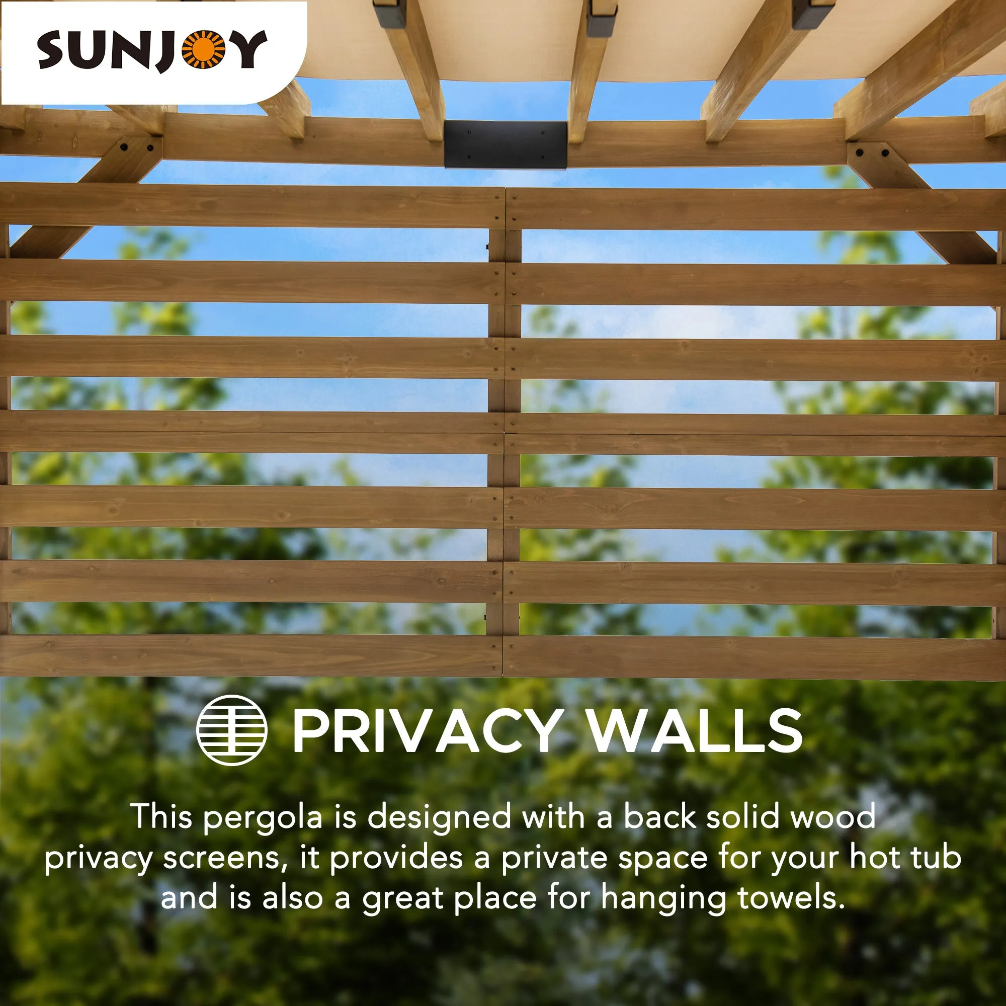 SUNJOY Outdoor Patio 10x11 Modern Wooden Frame Privacy Screen Hot Tub Pergola Kit with Tan Adjustable Canopy