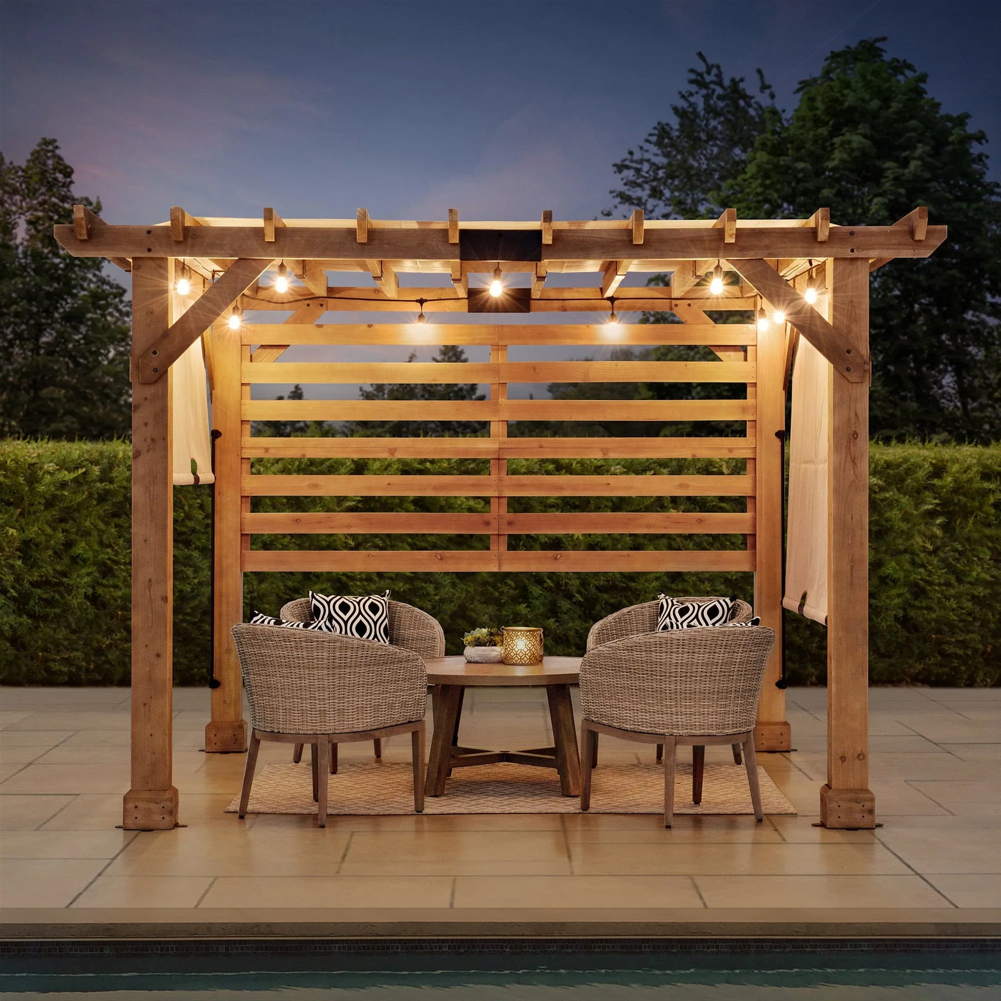 SUNJOY Outdoor Patio 10x11 Modern Wooden Frame Privacy Screen Hot Tub Pergola Kit with Tan Adjustable Canopy