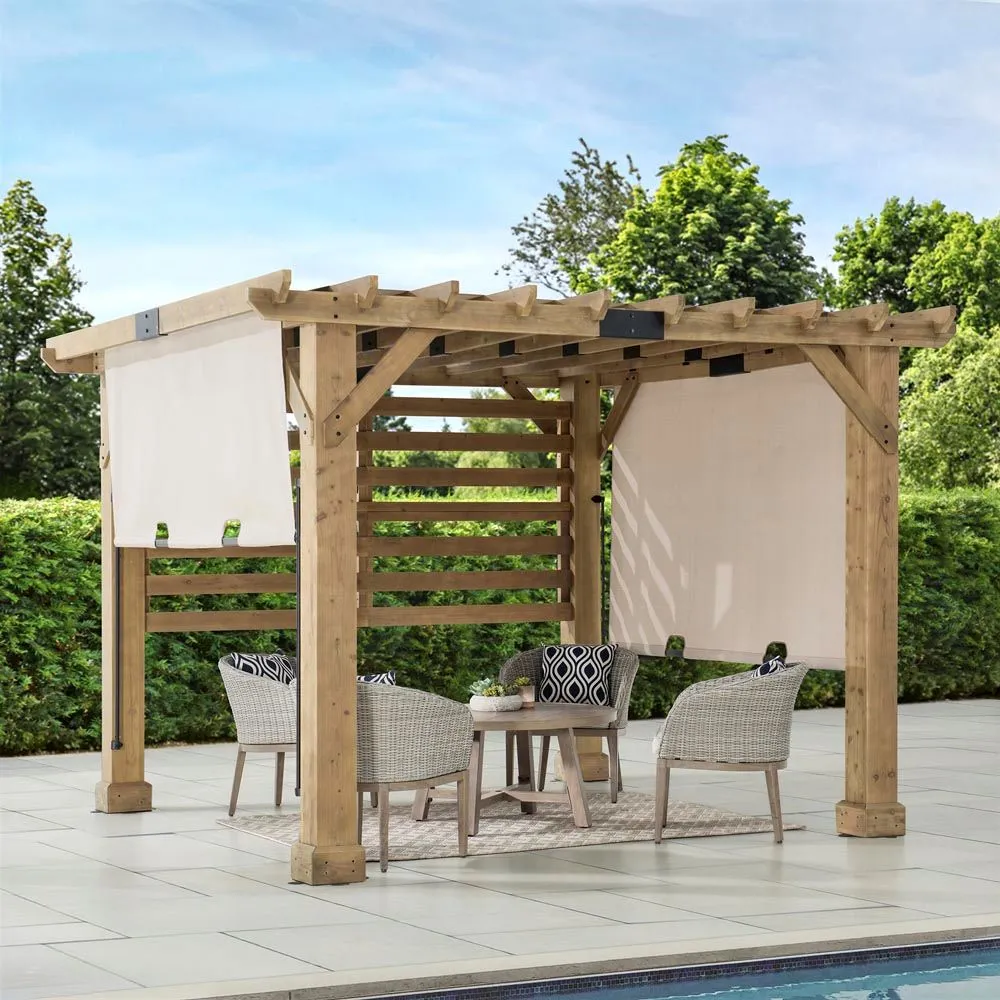 SUNJOY Outdoor Patio 10x11 Modern Wooden Frame Privacy Screen Hot Tub Pergola Kit with Tan Adjustable Canopy