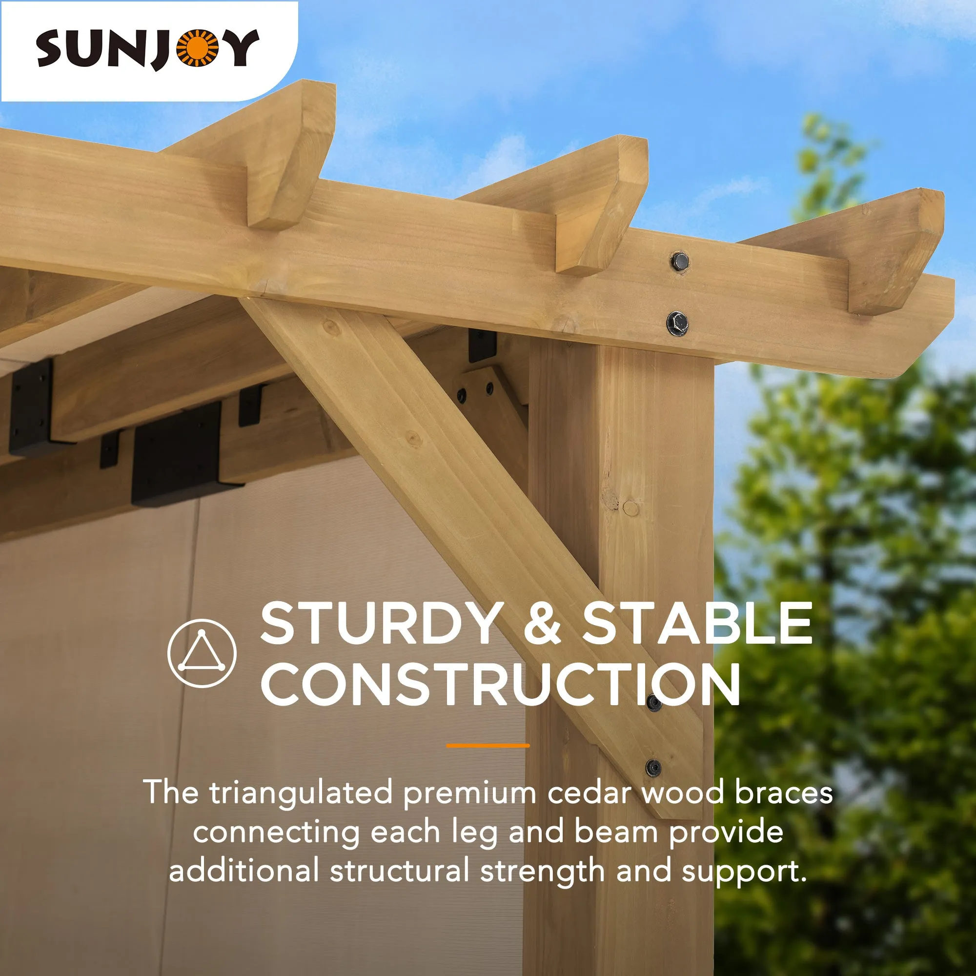 SUNJOY Outdoor Patio 10x11 Modern Wooden Frame Privacy Screen Hot Tub Pergola Kit with Tan Adjustable Canopy