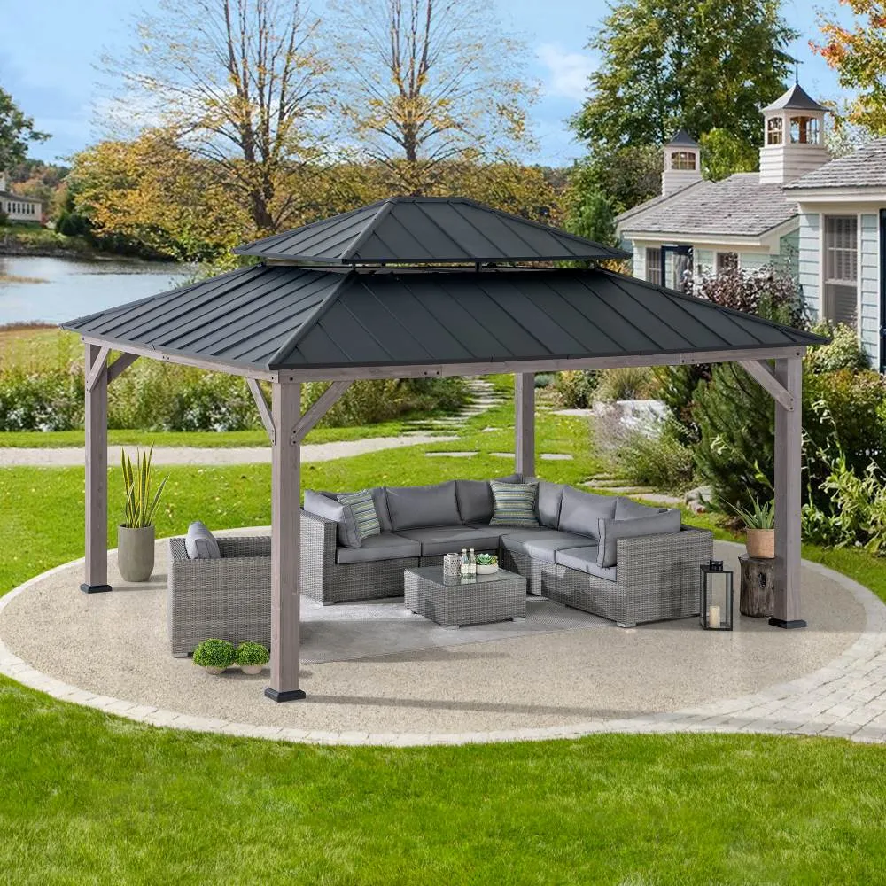 SUNJOY Outdoor Patio 13x15 2-Tier Wooden Frame Backyard Hardtop Gazebo with Ceiling Hook