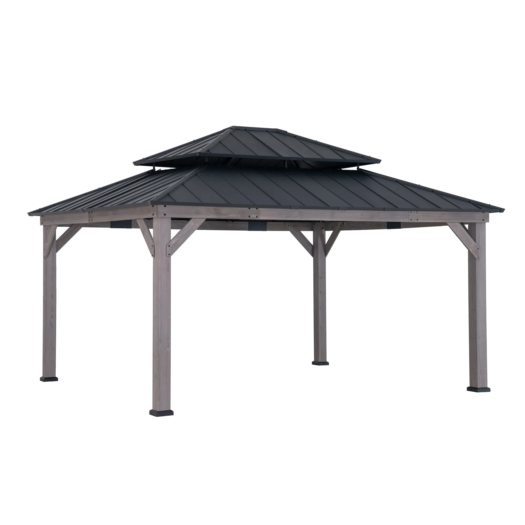 SUNJOY Outdoor Patio 13x15 2-Tier Wooden Frame Backyard Hardtop Gazebo with Ceiling Hook