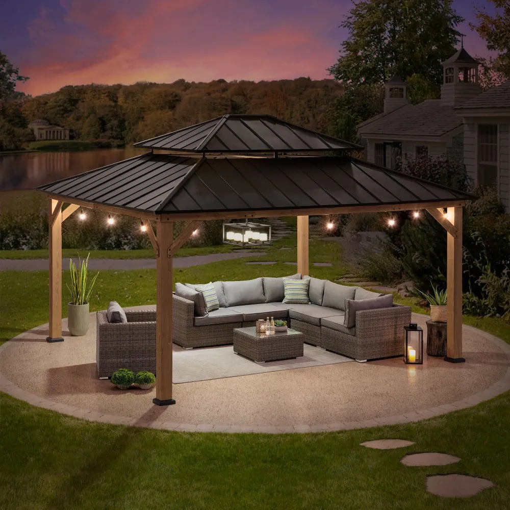 SUNJOY Outdoor Patio 13x15 2-Tier Wooden Frame Backyard Hardtop Gazebo with Ceiling Hook