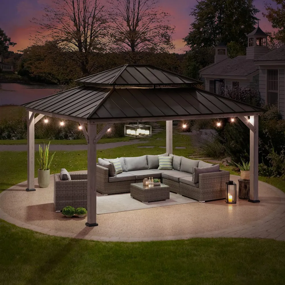 SUNJOY Outdoor Patio 13x15 2-Tier Wooden Frame Backyard Hardtop Gazebo with Ceiling Hook