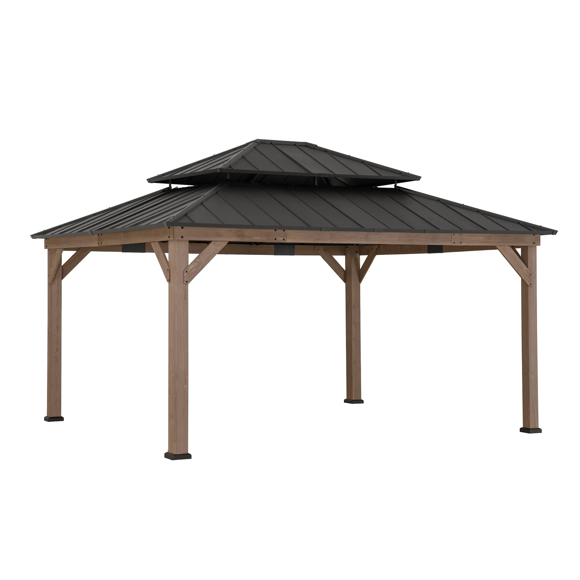 SUNJOY Outdoor Patio 13x15 2-Tier Wooden Frame Backyard Hardtop Gazebo with Ceiling Hook