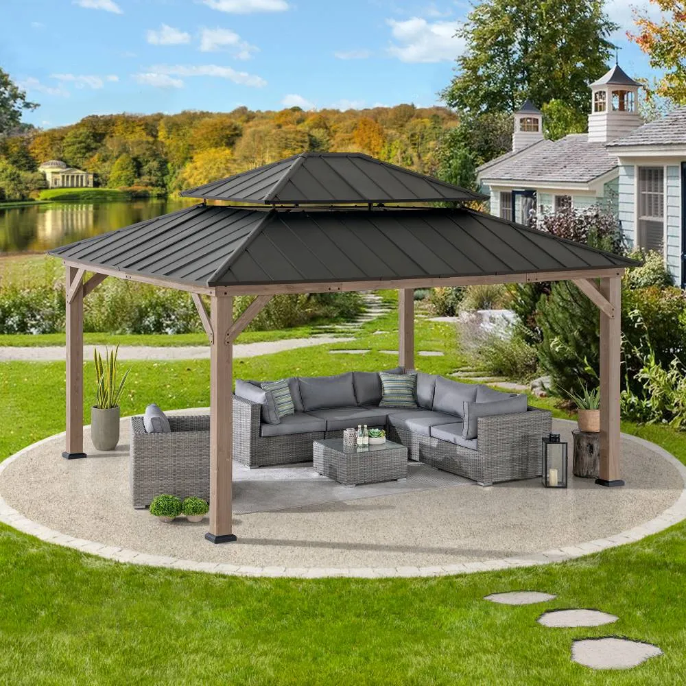 SUNJOY Outdoor Patio 13x15 2-Tier Wooden Frame Backyard Hardtop Gazebo with Ceiling Hook