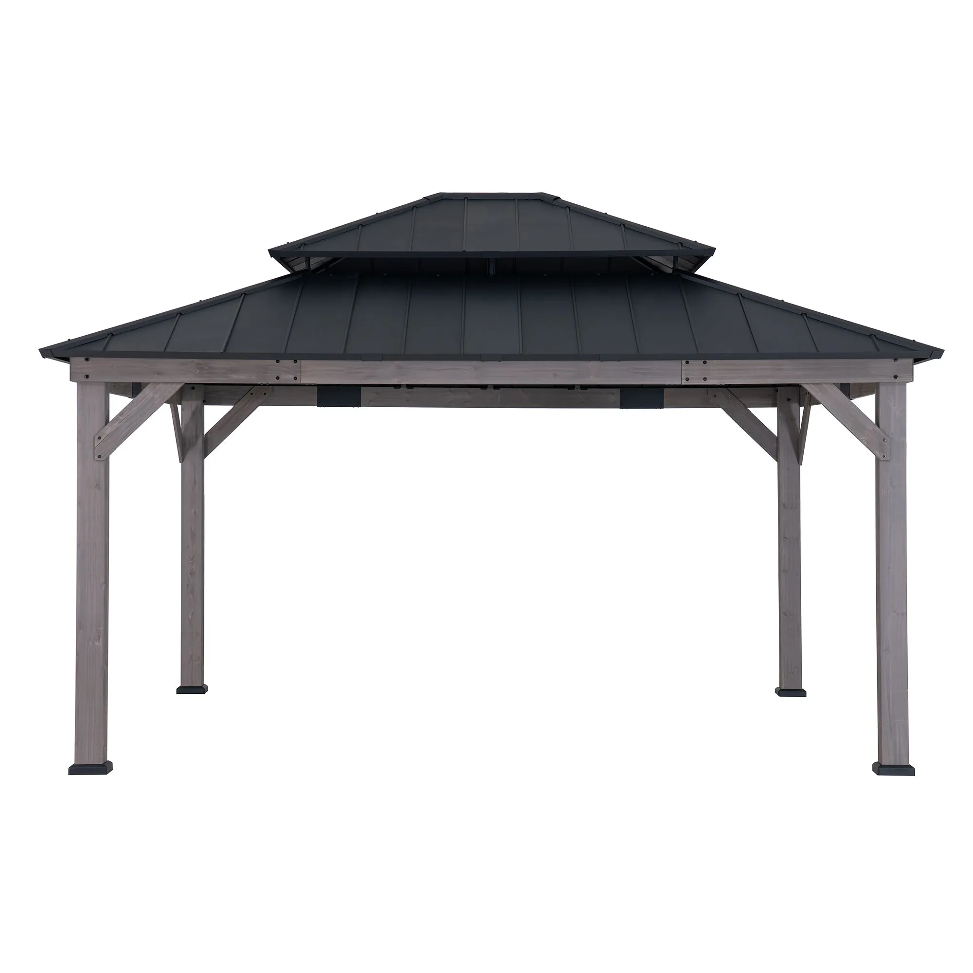 SUNJOY Outdoor Patio 13x15 2-Tier Wooden Frame Backyard Hardtop Gazebo with Ceiling Hook