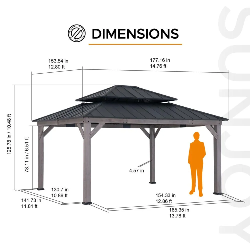 SUNJOY Outdoor Patio 13x15 2-Tier Wooden Frame Backyard Hardtop Gazebo with Ceiling Hook