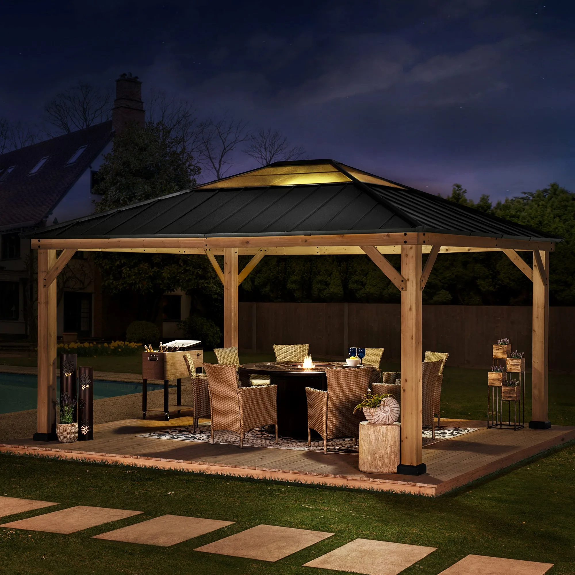 SUNJOY Outdoor Patio 13x15 Wooden Frame Backyard Hardtop Gazebo with Ceiling Hook