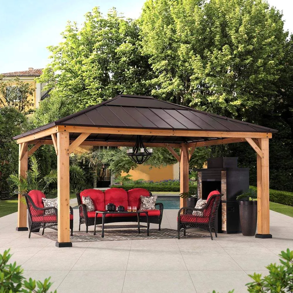 SUNJOY Outdoor Patio 13x15 Wooden Frame Backyard Hardtop Gazebo with Ceiling Hook