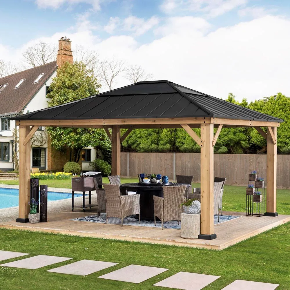 SUNJOY Outdoor Patio 13x15 Wooden Frame Backyard Hardtop Gazebo with Ceiling Hook