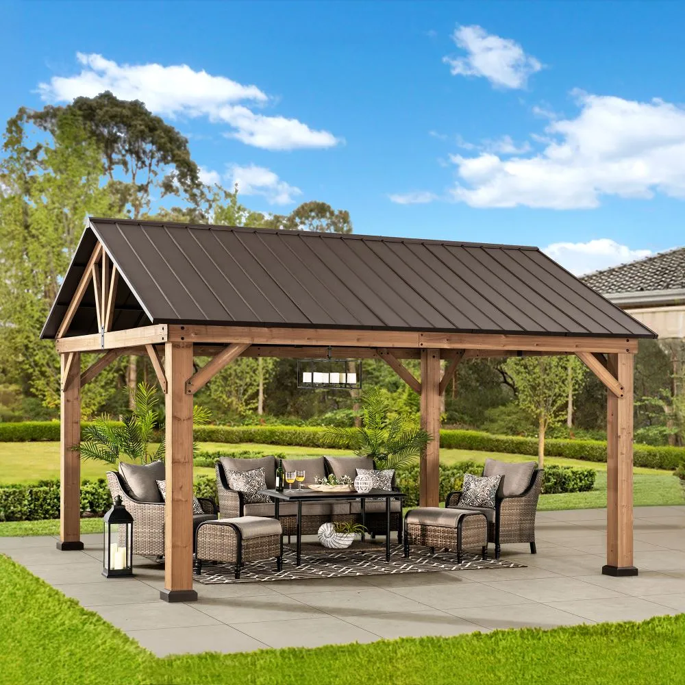 SUNJOY Outdoor Patio 13x15 Wooden Frame Steel Gable Roof Backyard Hardtop Gazebo/Pavilion with Ceiling Hook