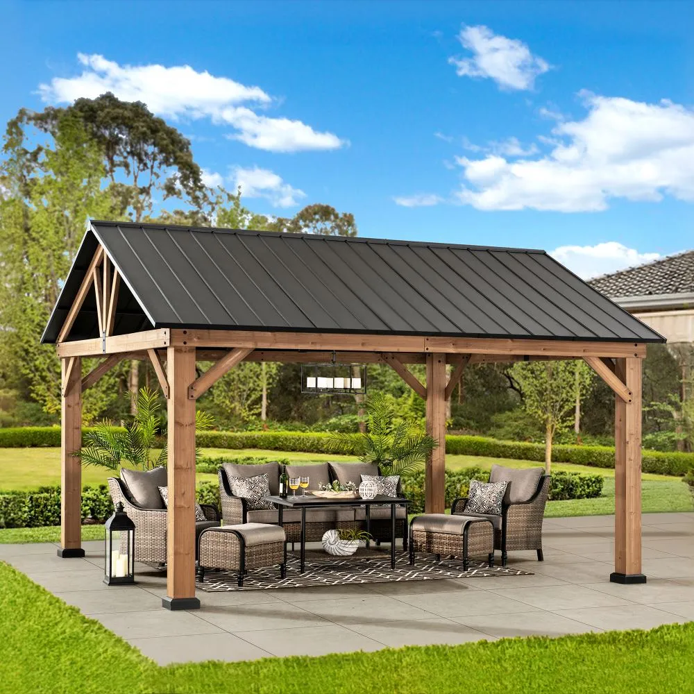 SUNJOY Outdoor Patio 13x15 Wooden Frame Steel Gable Roof Backyard Hardtop Gazebo/Pavilion with Ceiling Hook