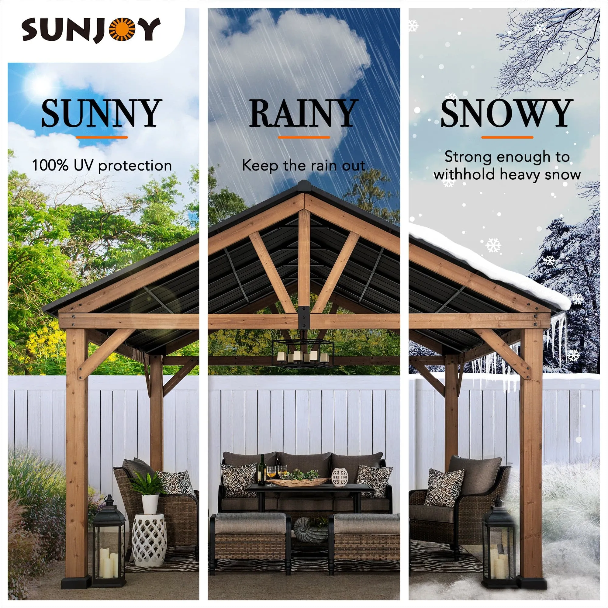 SUNJOY Outdoor Patio 13x15 Wooden Frame Steel Gable Roof Backyard Hardtop Gazebo/Pavilion with Ceiling Hook