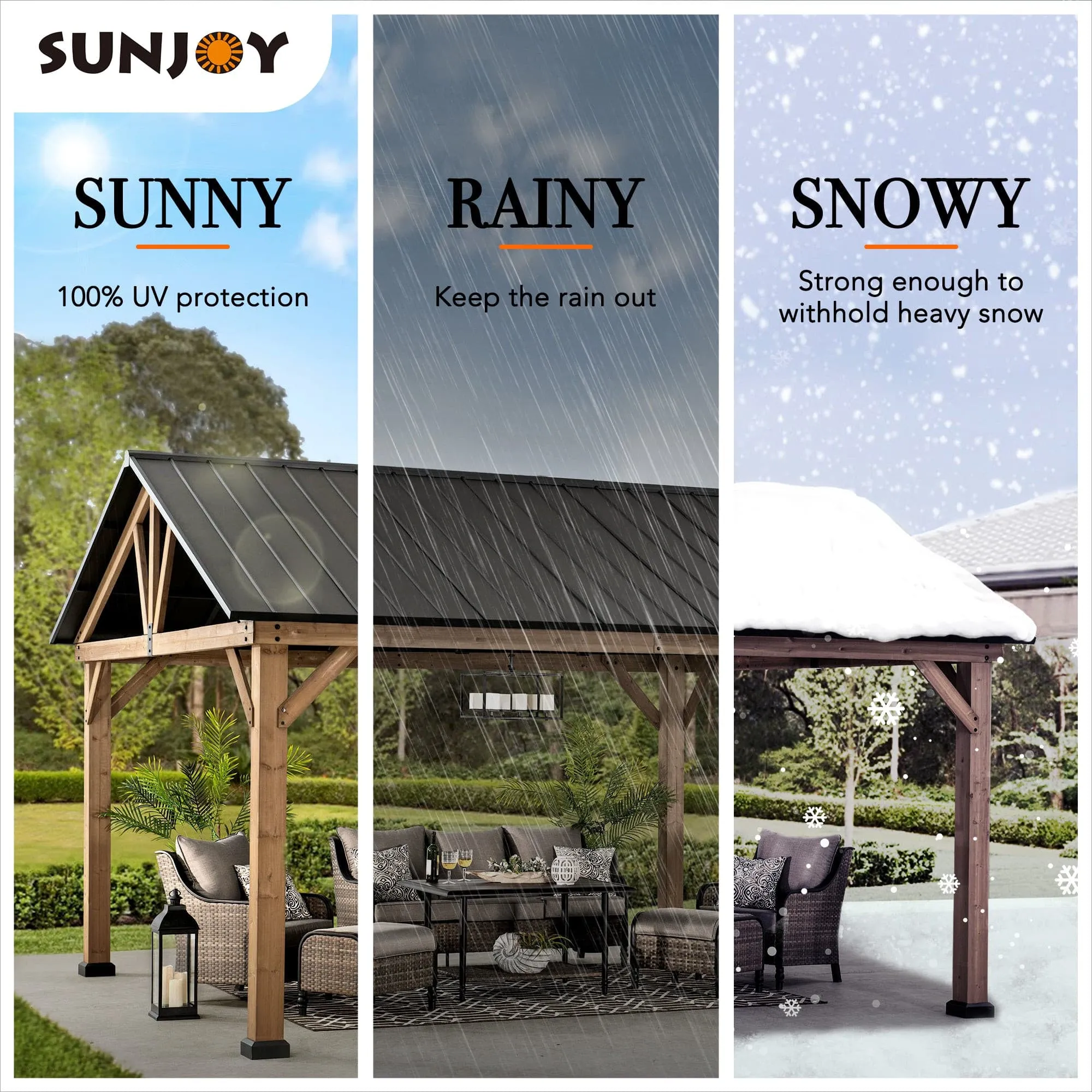 SUNJOY Outdoor Patio 13x15 Wooden Frame Steel Gable Roof Backyard Hardtop Gazebo/Pavilion with Ceiling Hook