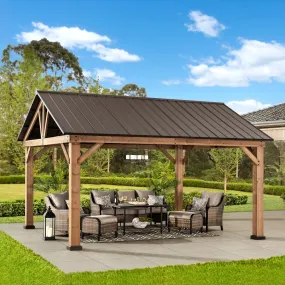 SUNJOY Outdoor Patio 13x15 Wooden Frame Steel Gable Roof Backyard Hardtop Gazebo/Pavilion with Ceiling Hook