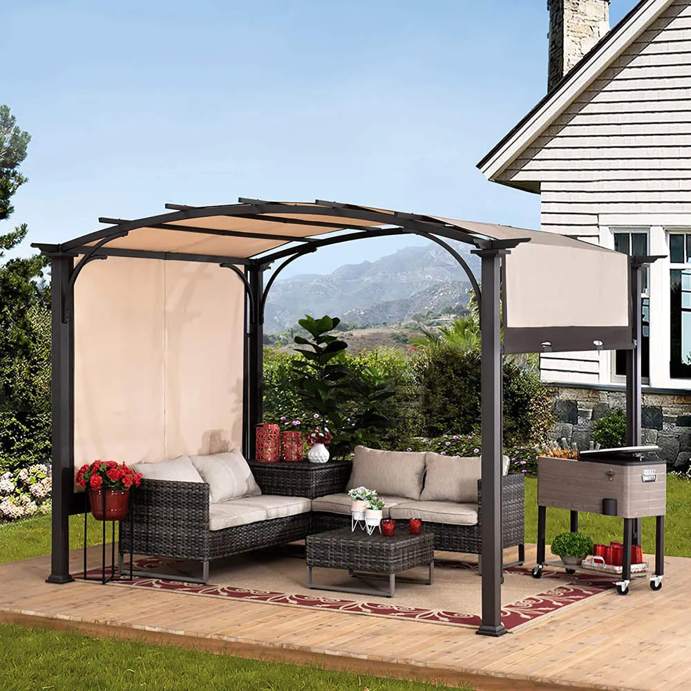 SUNJOY Outdoor Patio 9.5x11 Modern Tan Metal Arched Pergola Kit with Adjustable Canopy