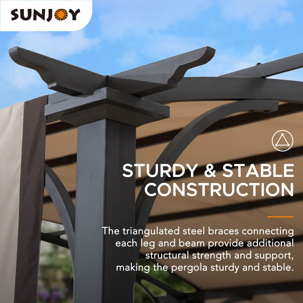 SUNJOY Outdoor Patio 9.5x11 Modern Tan Metal Arched Pergola Kit with Adjustable Canopy