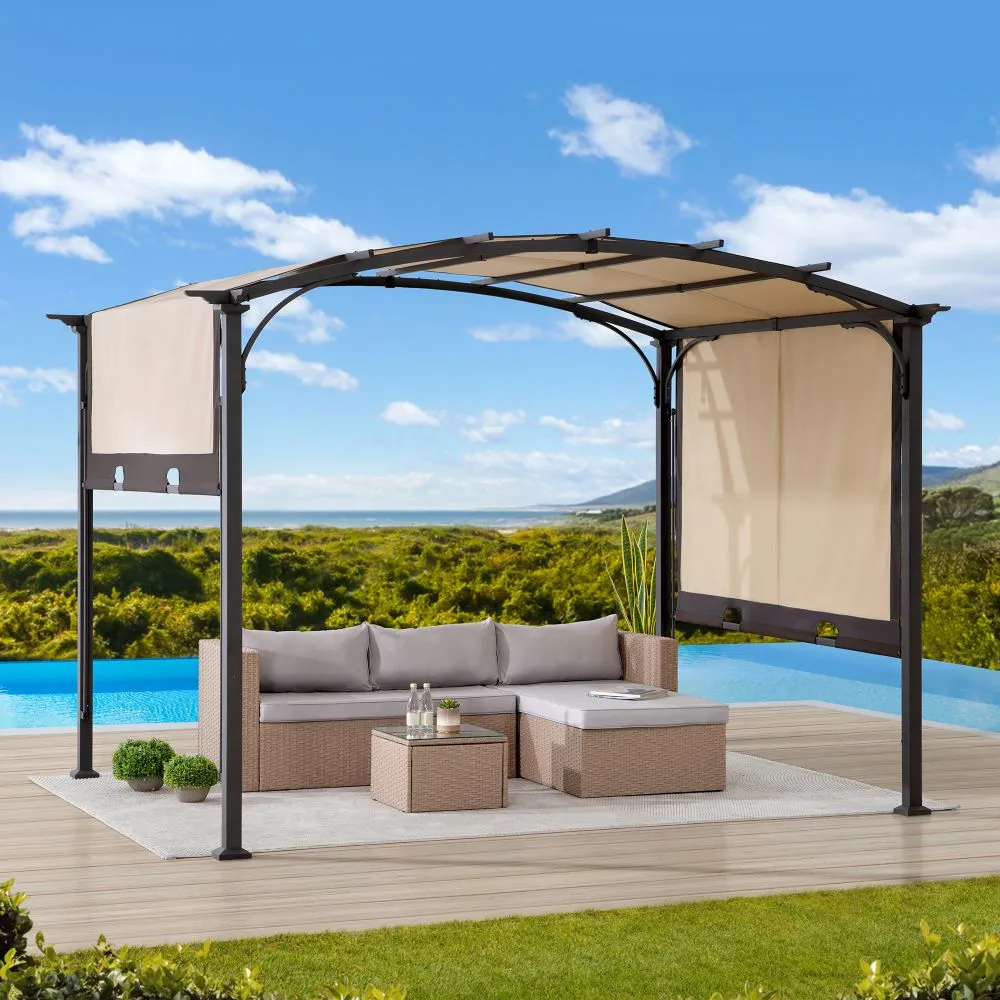 SUNJOY Outdoor Patio 9.5x11 Modern Tan Metal Arched Pergola Kit with Adjustable Canopy