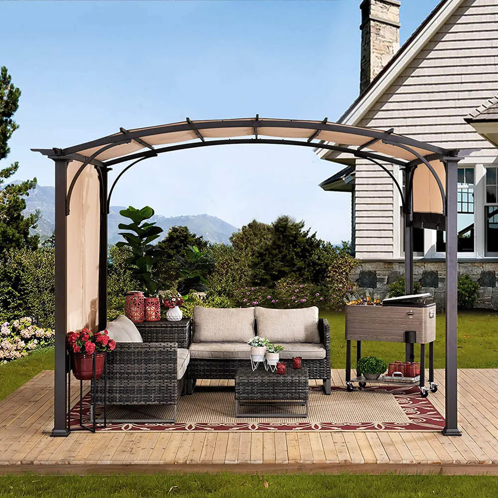 SUNJOY Outdoor Patio 9.5x11 Modern Tan Metal Arched Pergola Kit with Adjustable Canopy