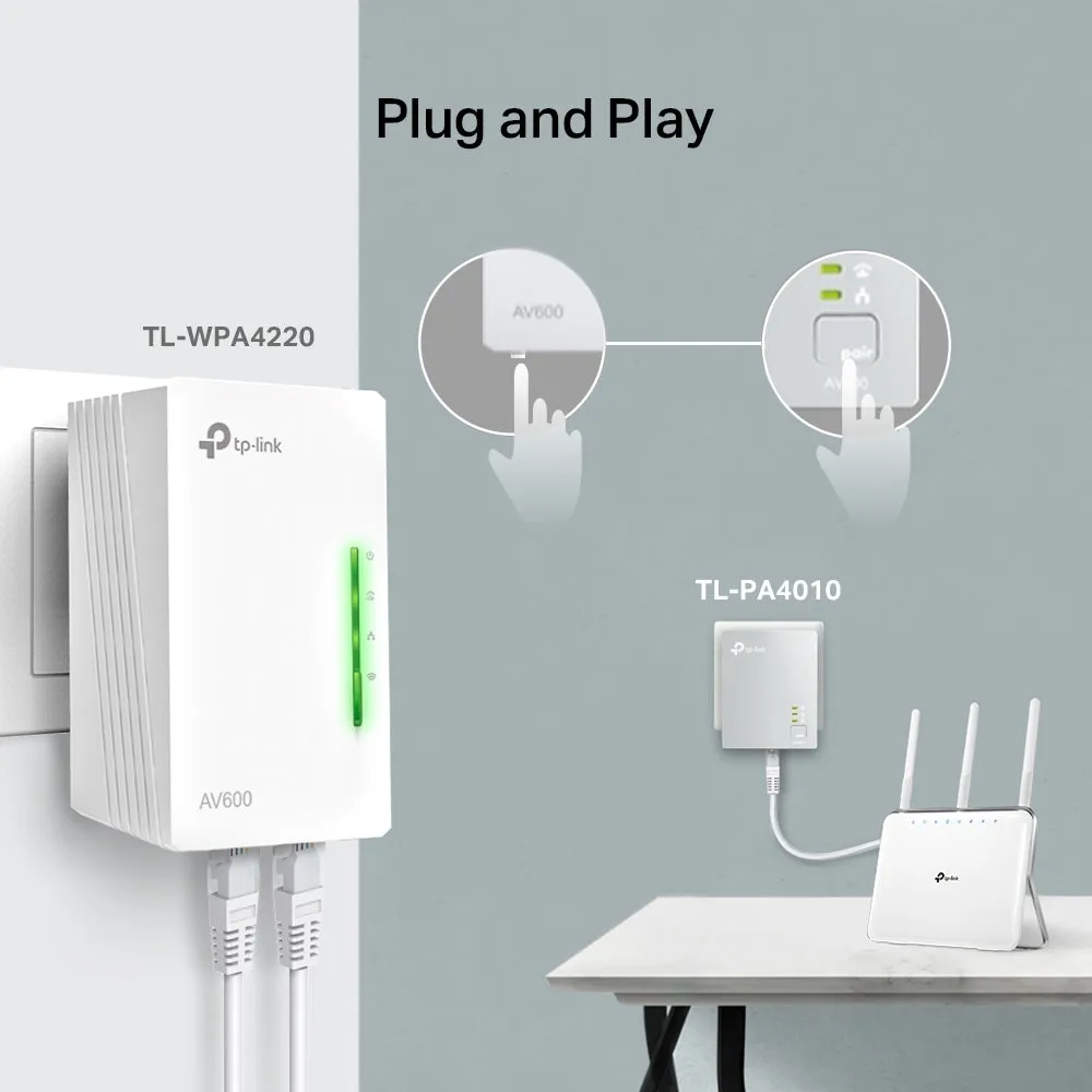 TP-Link TL-WPA4220KIT 300Mbps AV600 Wi-Fi Powerline Extender Starter Kit with 600Mbps Powerline, 300Mbps at 2.4GHz, 2x Fast Ethernet Ports, Qualcomm CPU, HomePlug AV, Auto-Synce Wi-Fi Setting, Driver Free, One-Touch Wi-Fi Configuration