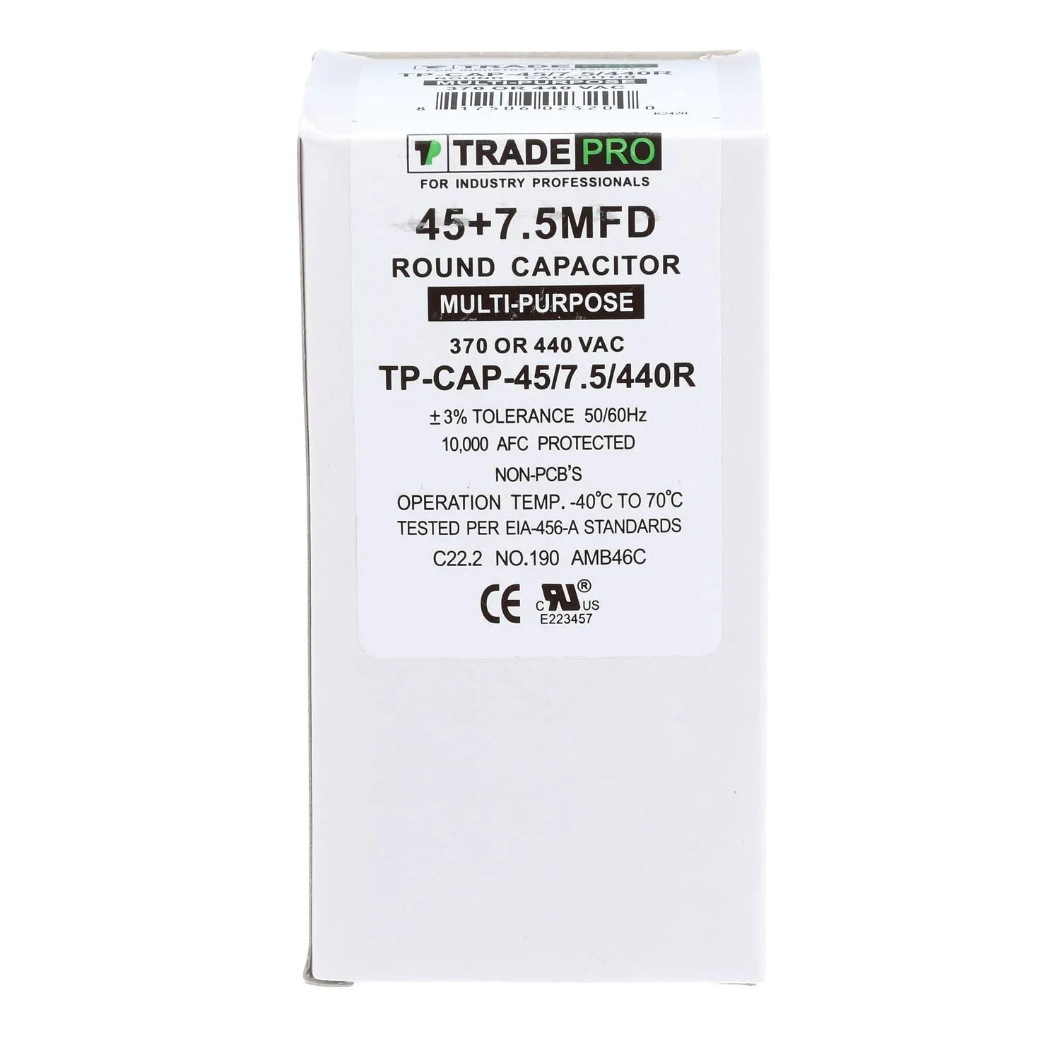 TRADEPRO 45 7.5 MFD 440V Round Dual Run Capacitor 60000 Hour Lifespan