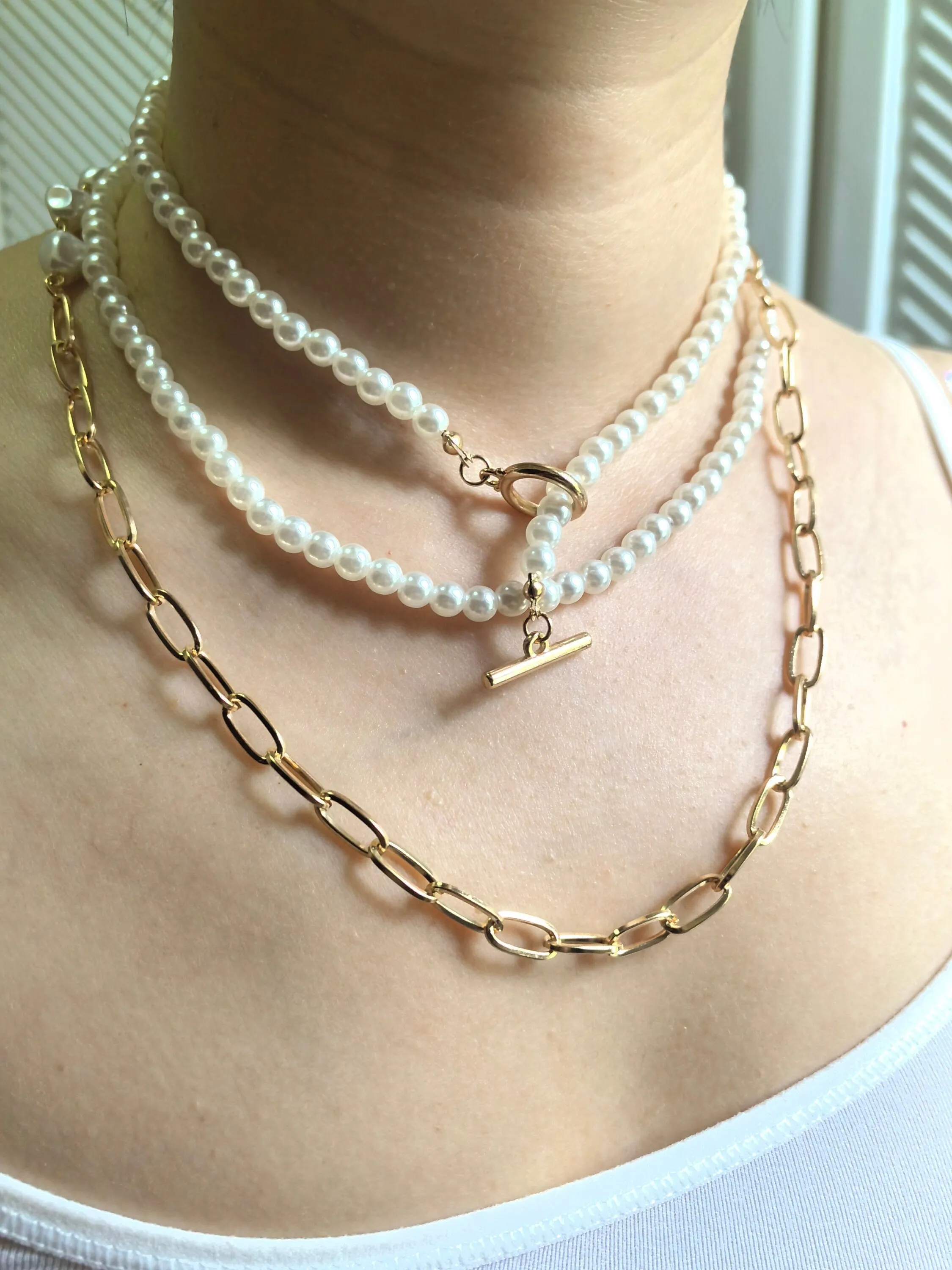 Triple Layered Imitation Pearl Beaded Chain Necklace Set