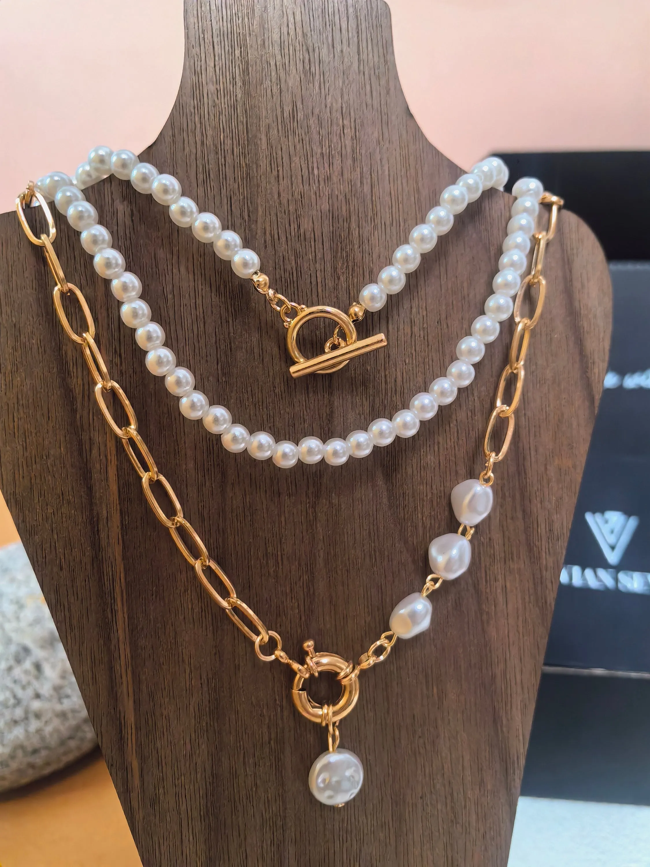 Triple Layered Imitation Pearl Beaded Chain Necklace Set