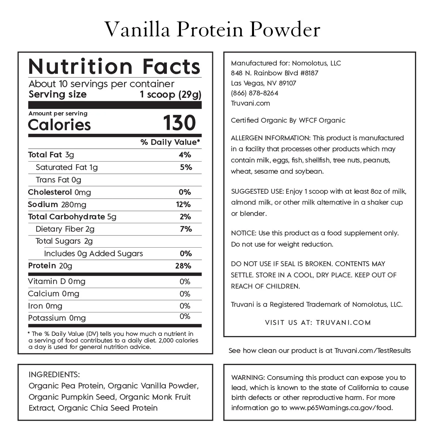 Truvani Organic Vegan Pea Protein Powder Vanilla 10 Servings Plant Based