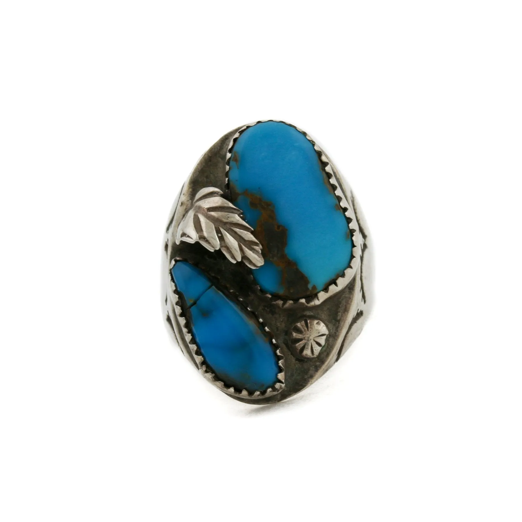 Twin 1970's Royal Blue Turquoise Leaf-Motif Navajo Ring