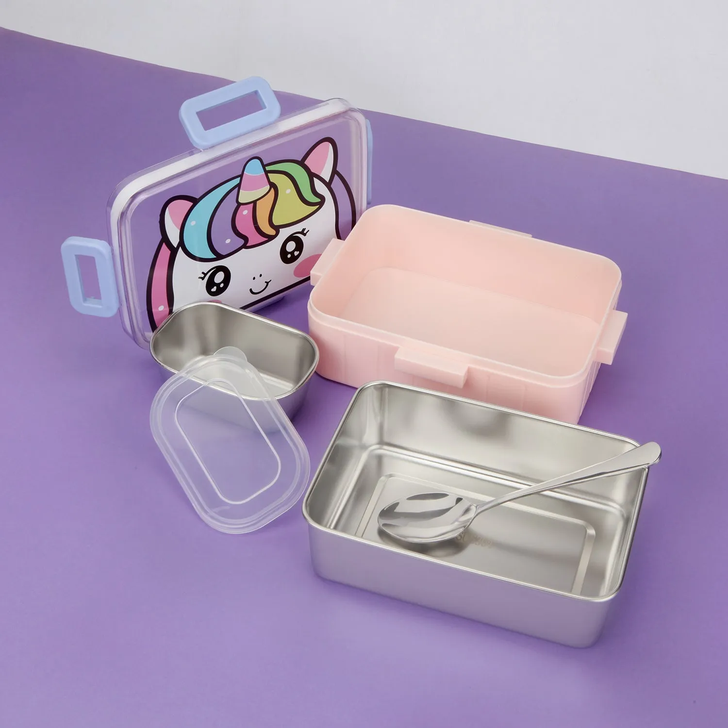 UNICON PRINT LUNCH BOX WITH SEPARATE COMPARTMENT & SPOON - PINK