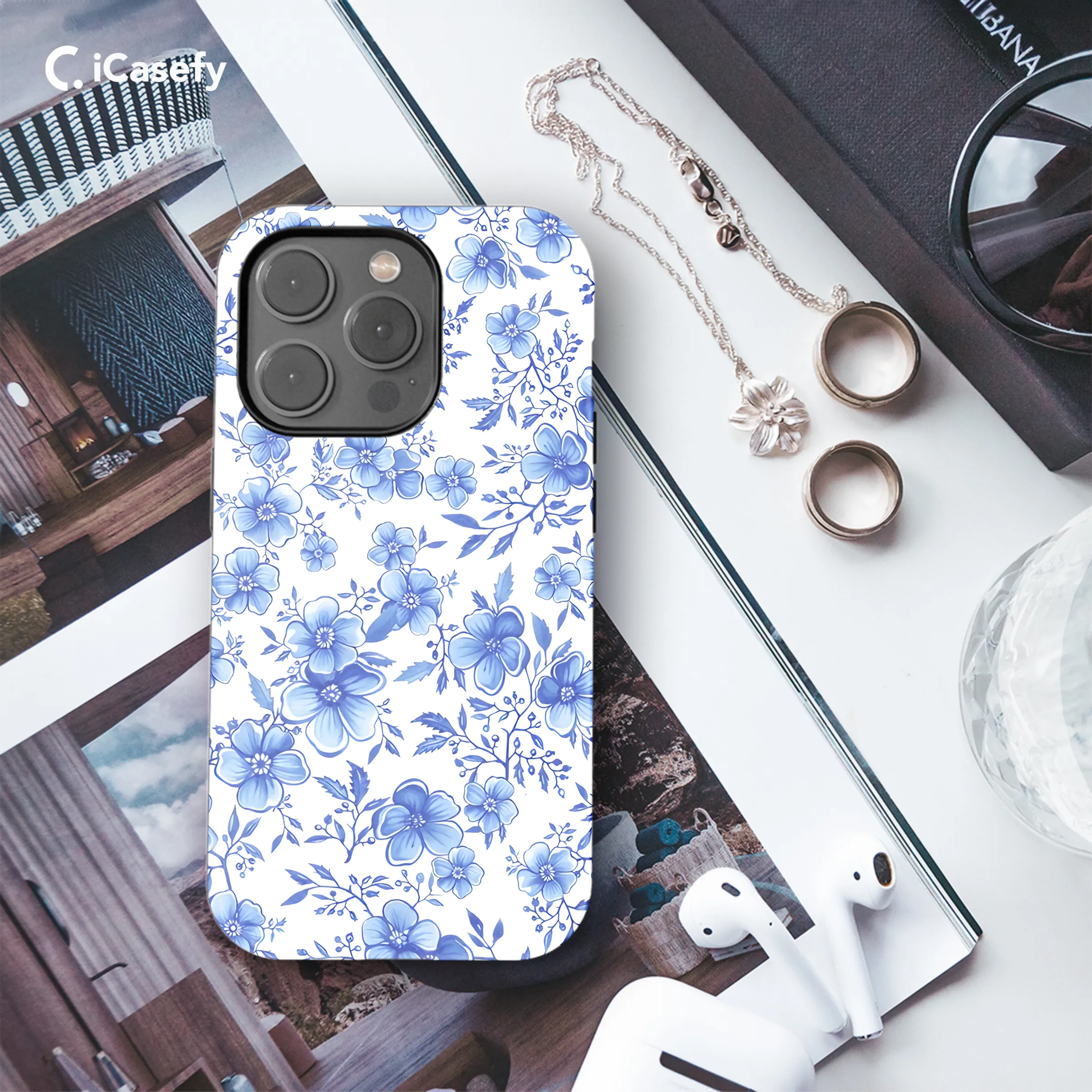 Vintage Floral Wildflower Blue Toile De Jouy Phone Case iPhone Samsung Cover Pixel 1842