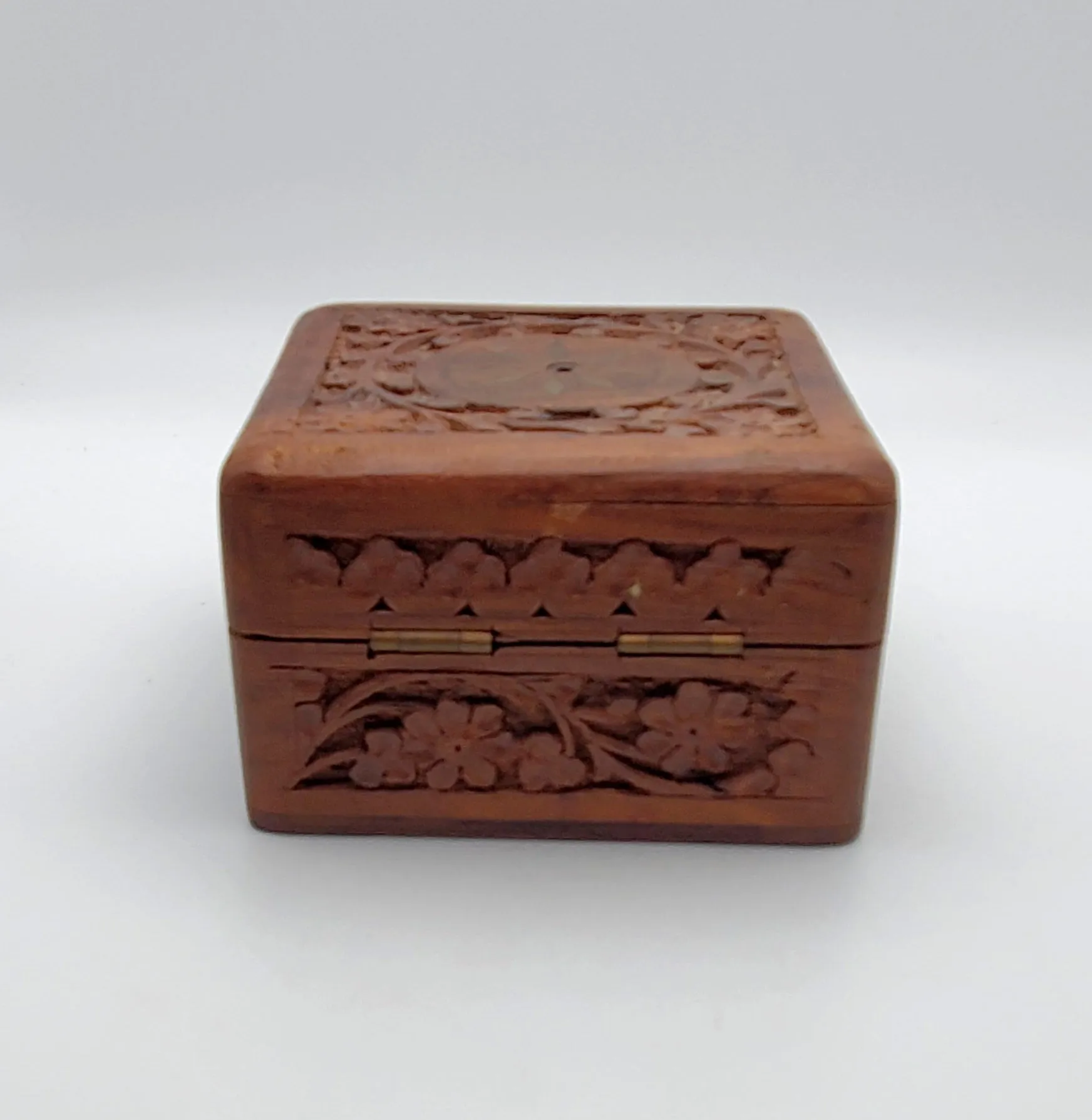 Vintage Hand Carved Wood and Brass Jewelry Box