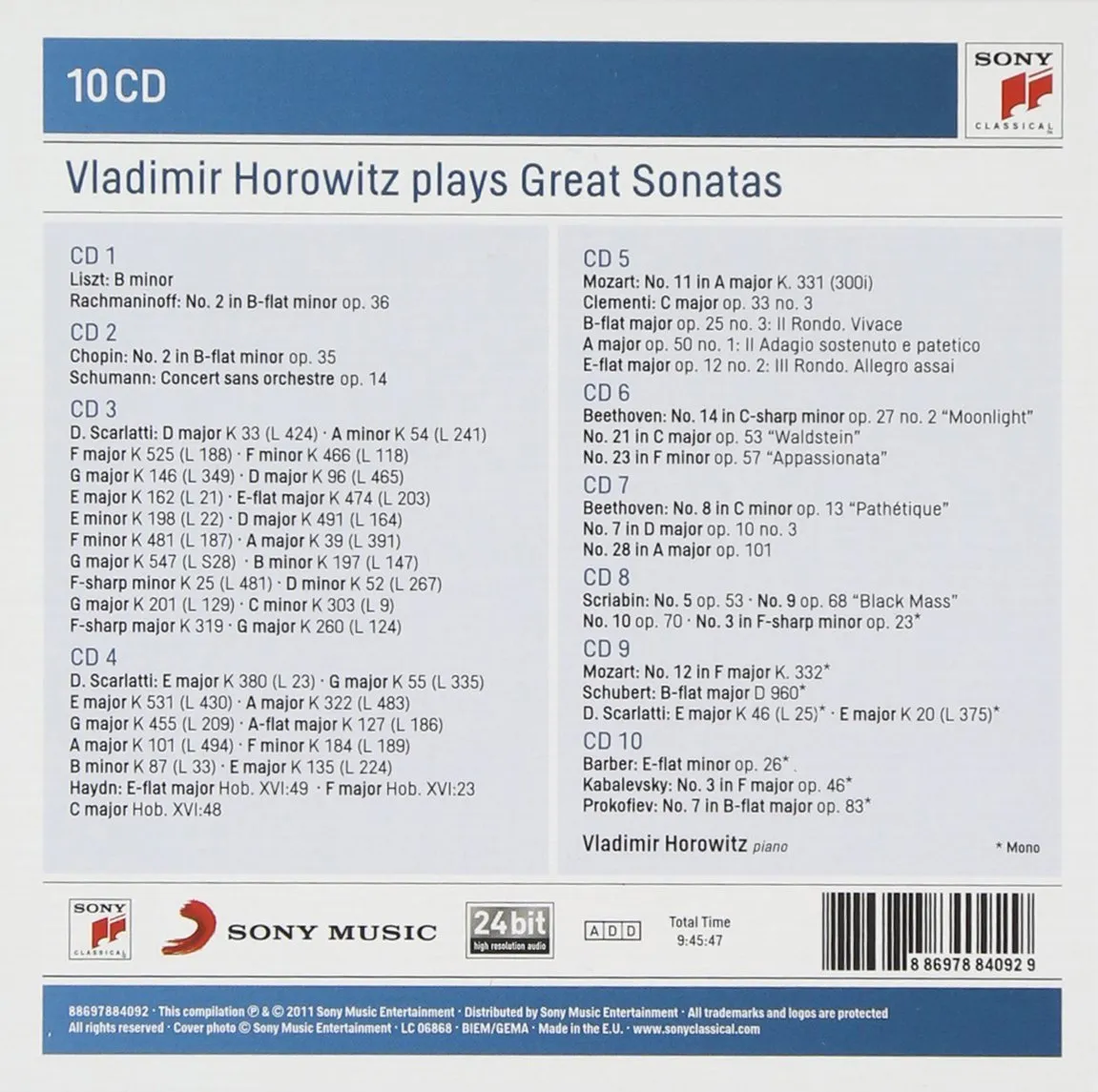 VLADIMIR HOROWITZ PLAYS GREAT SONATAS - Beethoven, Clementi, Liszt, Rachmaninoff, Scarlatti, Scriabin (10 CDs)