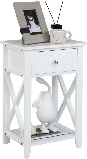 White One Drawer Nightstand End Table with Shelf