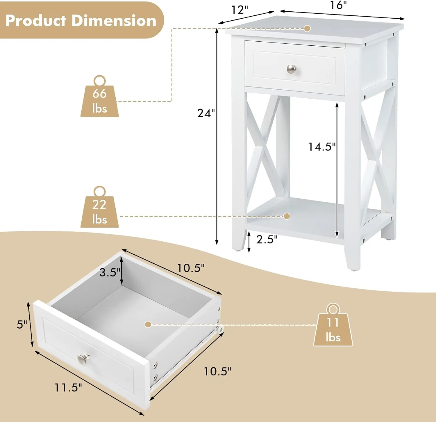 White One Drawer Nightstand End Table with Shelf