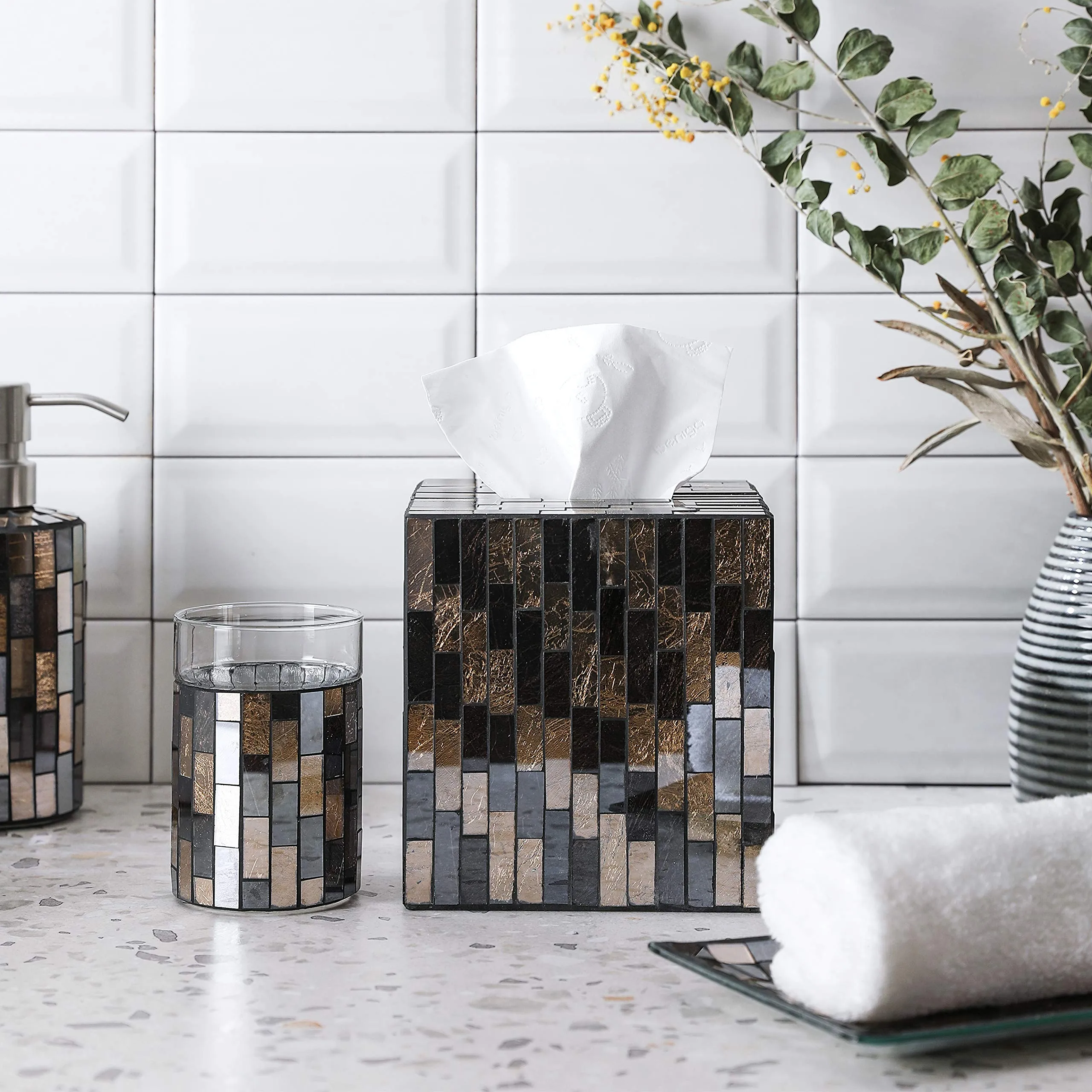 WHOLE HOUSEWARES Bathroom Accessory Sets Black/Gold Tile Mosaic Glass Bathroom Accessories