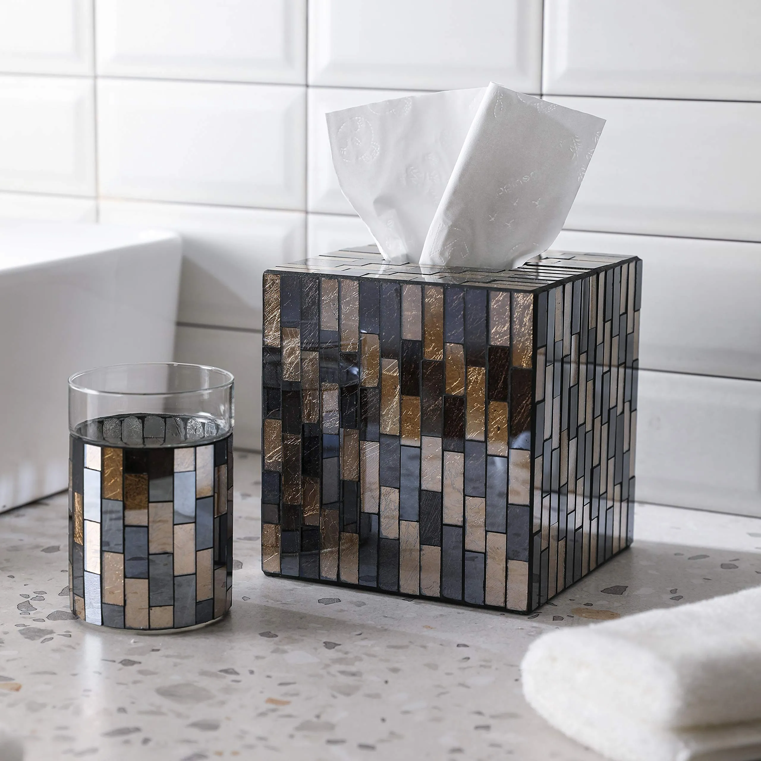 WHOLE HOUSEWARES Bathroom Accessory Sets Black/Gold Tile Mosaic Glass Bathroom Accessories