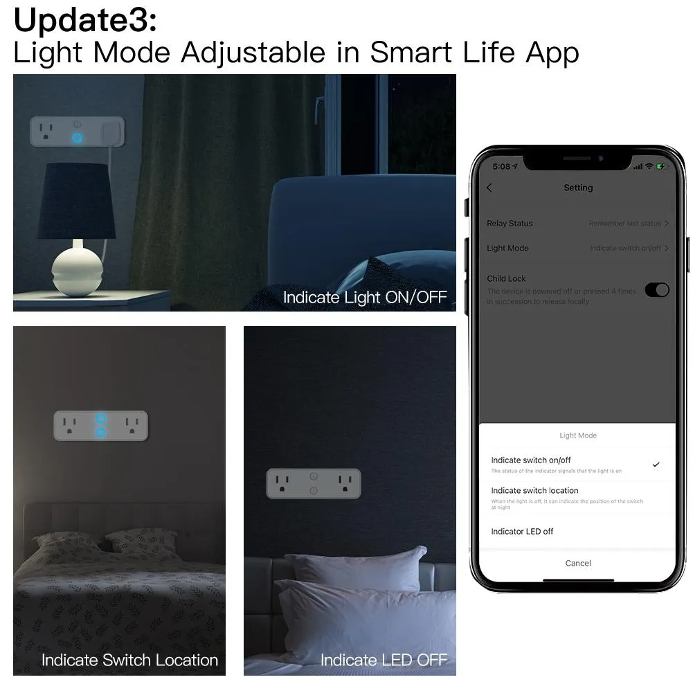 Wi-Fi Smart Outlet Extender Multi Plug Socket Outlet Shelf with Nightlight Relay Status and Light Mode Adjustable US