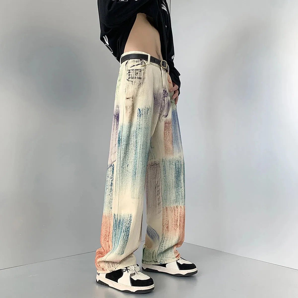 Wiaofellas  -  New Fashion Graffiti Tie-dye Jeans Hip Hop Rock Loose Straight Trousers for Men and Women Retro Harajuku Streetwear Pants