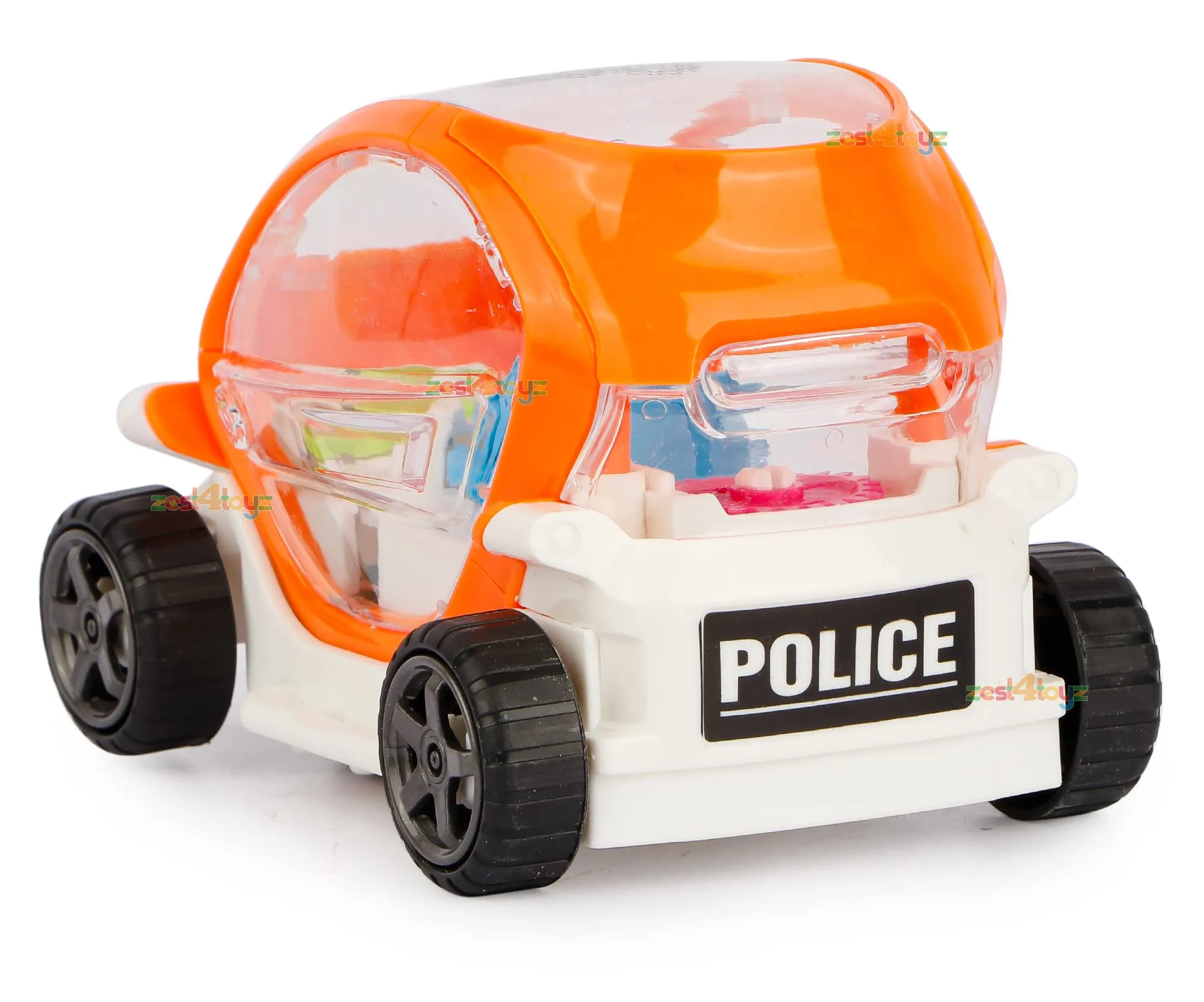 Zest 4 Toyz Musical Toy Battery Operated Transparent Gear Police Car Toys for Kids with Bump & Go Action for Kids Light & Sound Toys (Pack of 1) Battery Included (Random Color)