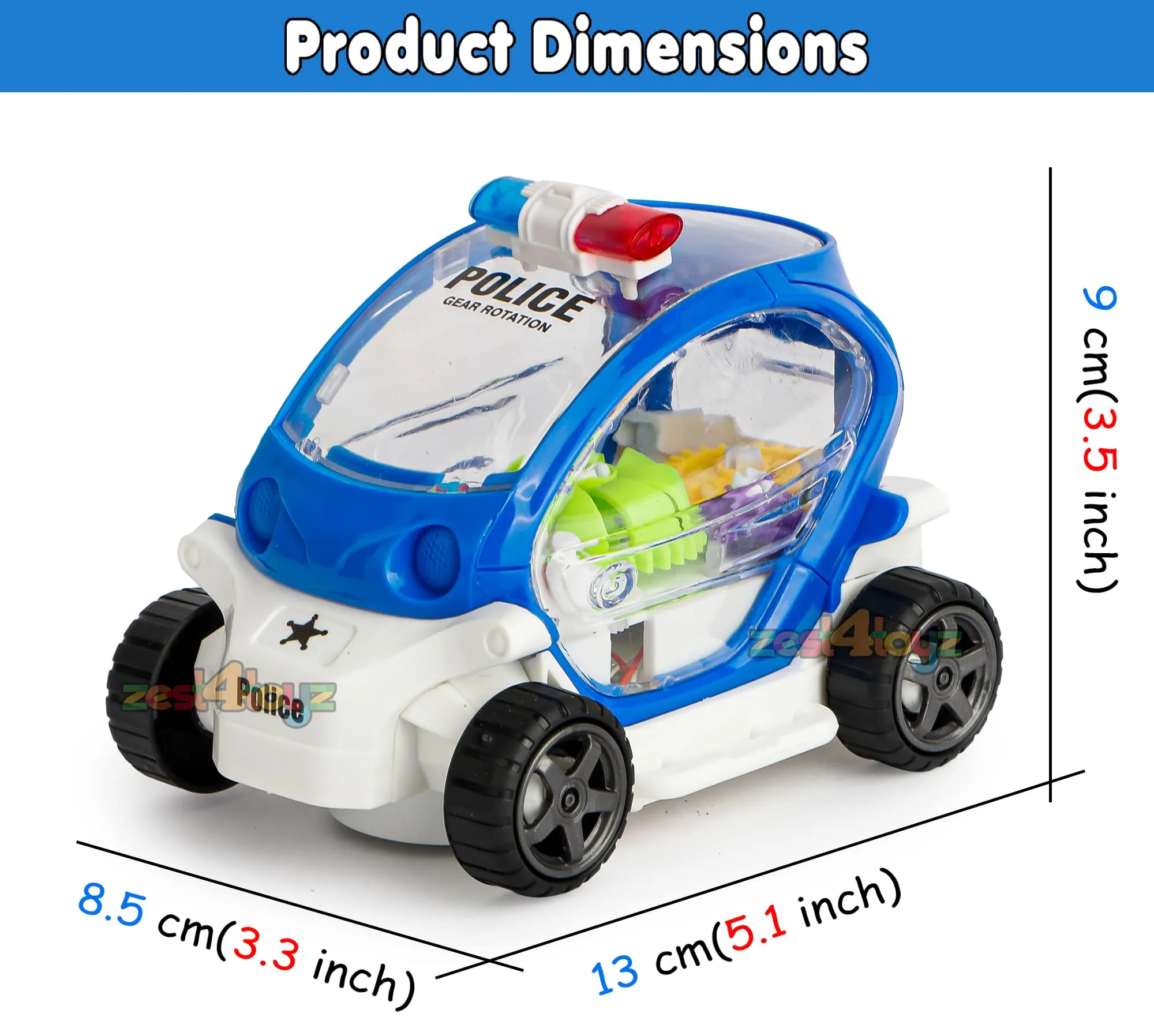 Zest 4 Toyz Musical Toy Battery Operated Transparent Gear Police Car Toys for Kids with Bump & Go Action for Kids Light & Sound Toys (Pack of 1) Battery Included (Random Color)